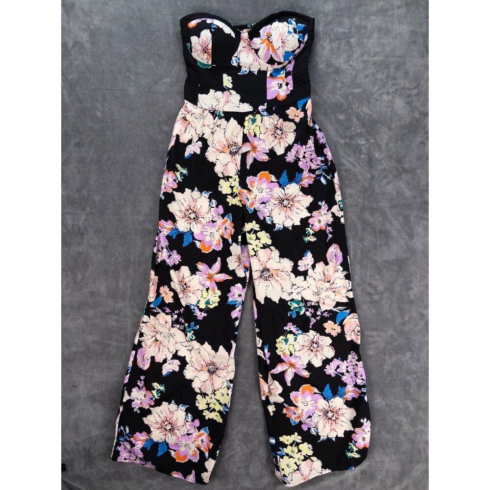 Band of Gypsies Strapless Floral Wide Leg Jumpsuit Black Womens Small Boho